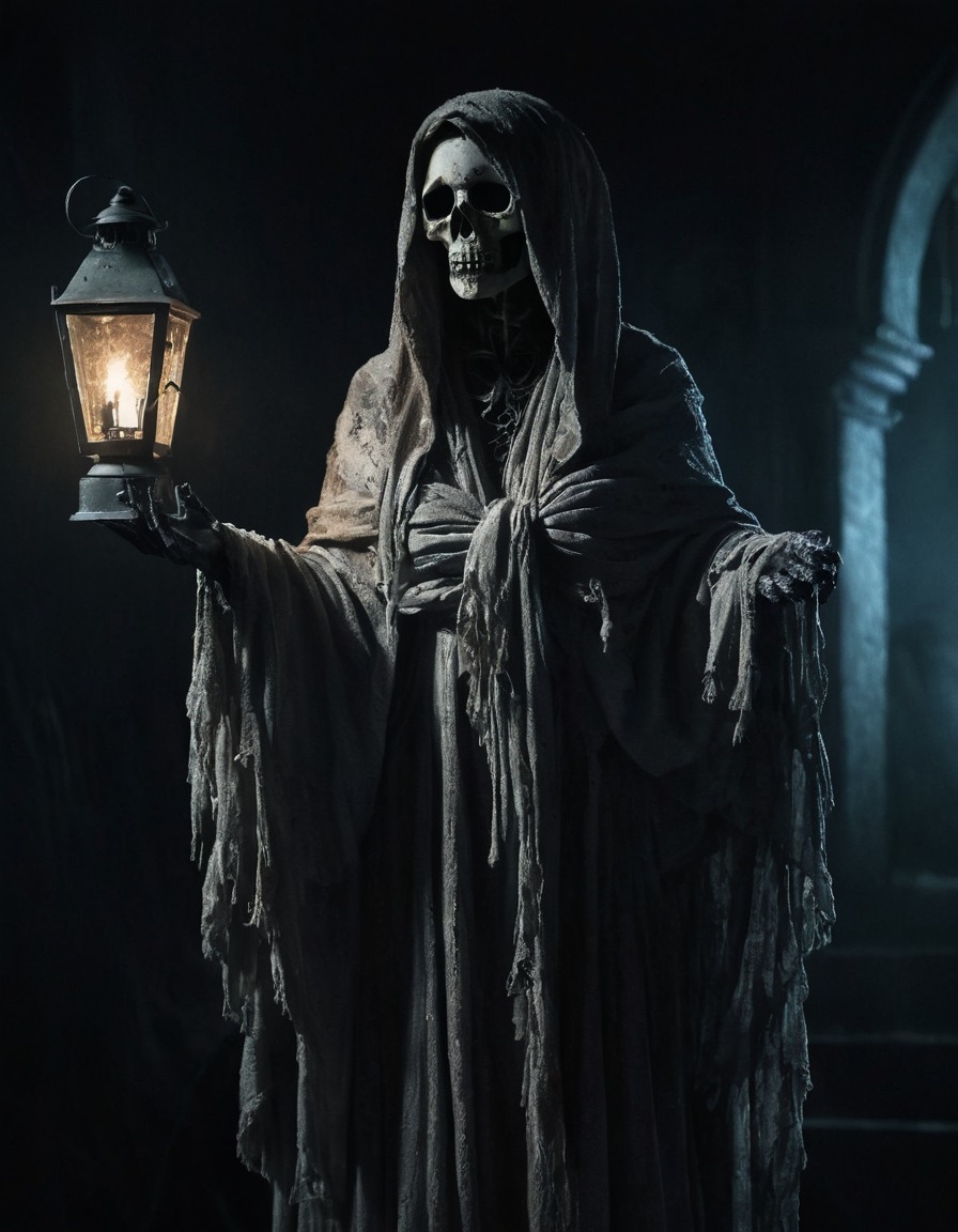 haunted, mansion, spectral figure, lantern, ghostly figure, spooky, gothic, underground, dark