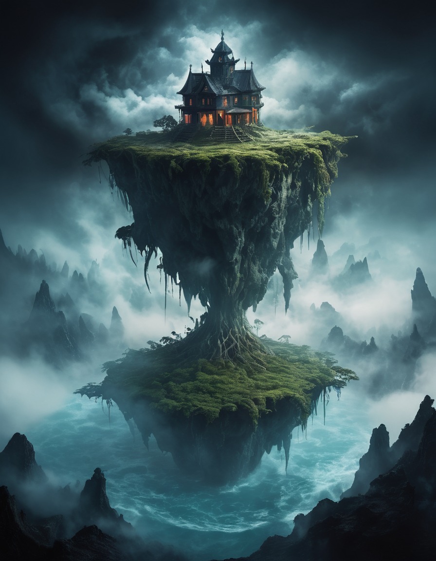 mystical, floating island, swirling mists, mystery, atmospheric, magic, enchanted