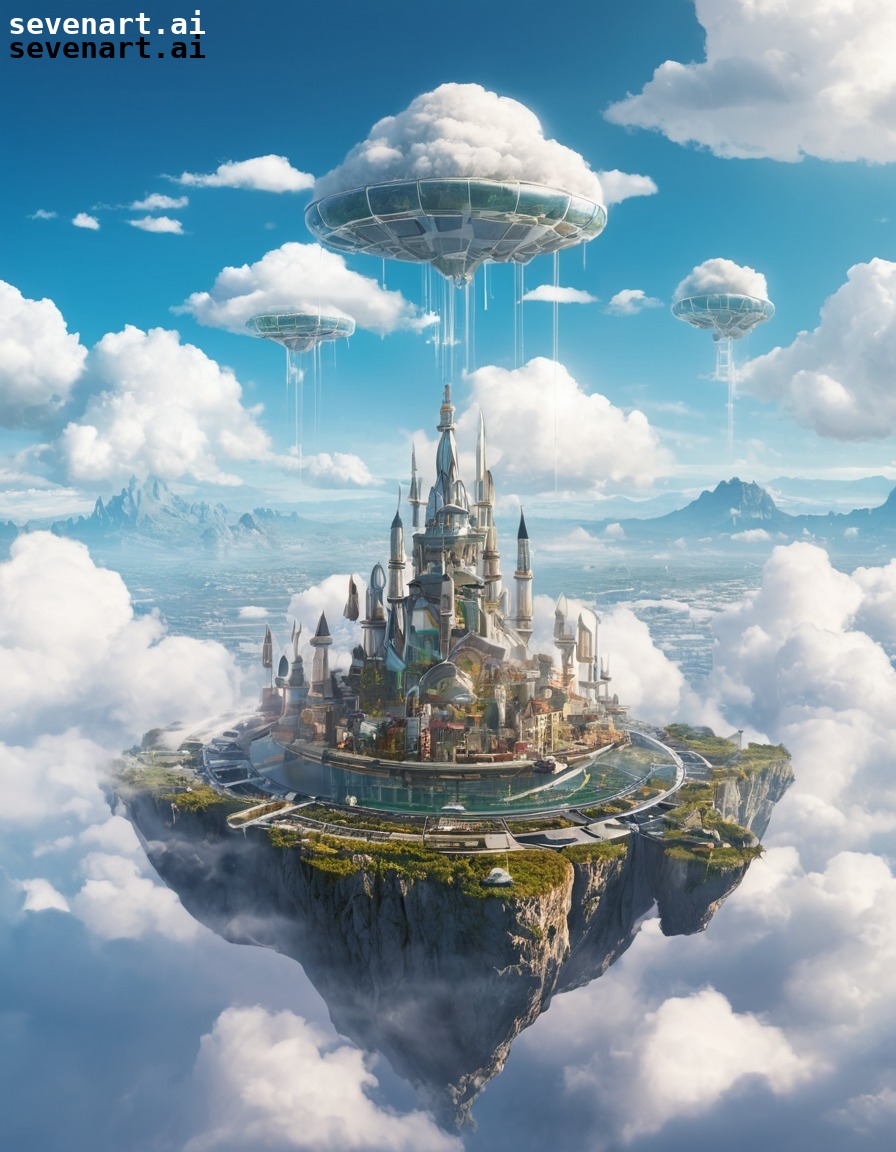 city, floating, clouds, renewable energy, technology, future