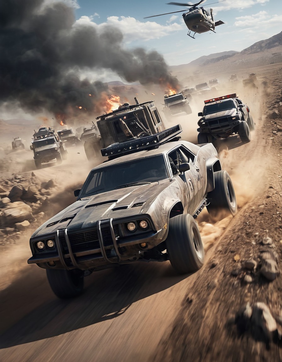 chase scene, high-speed pursuit, vehicles, rugged terrain, mad max