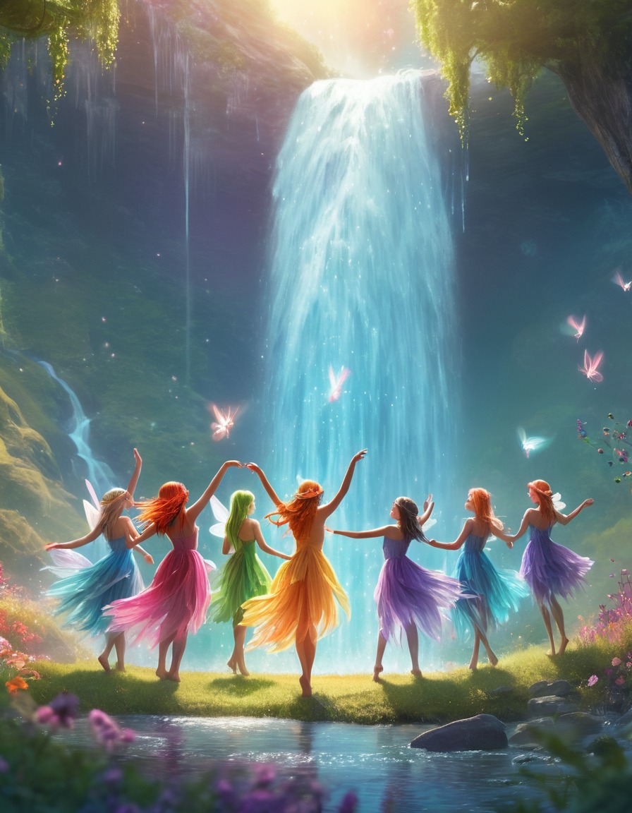 fantasy, fairies, waterfall, dancing, magical