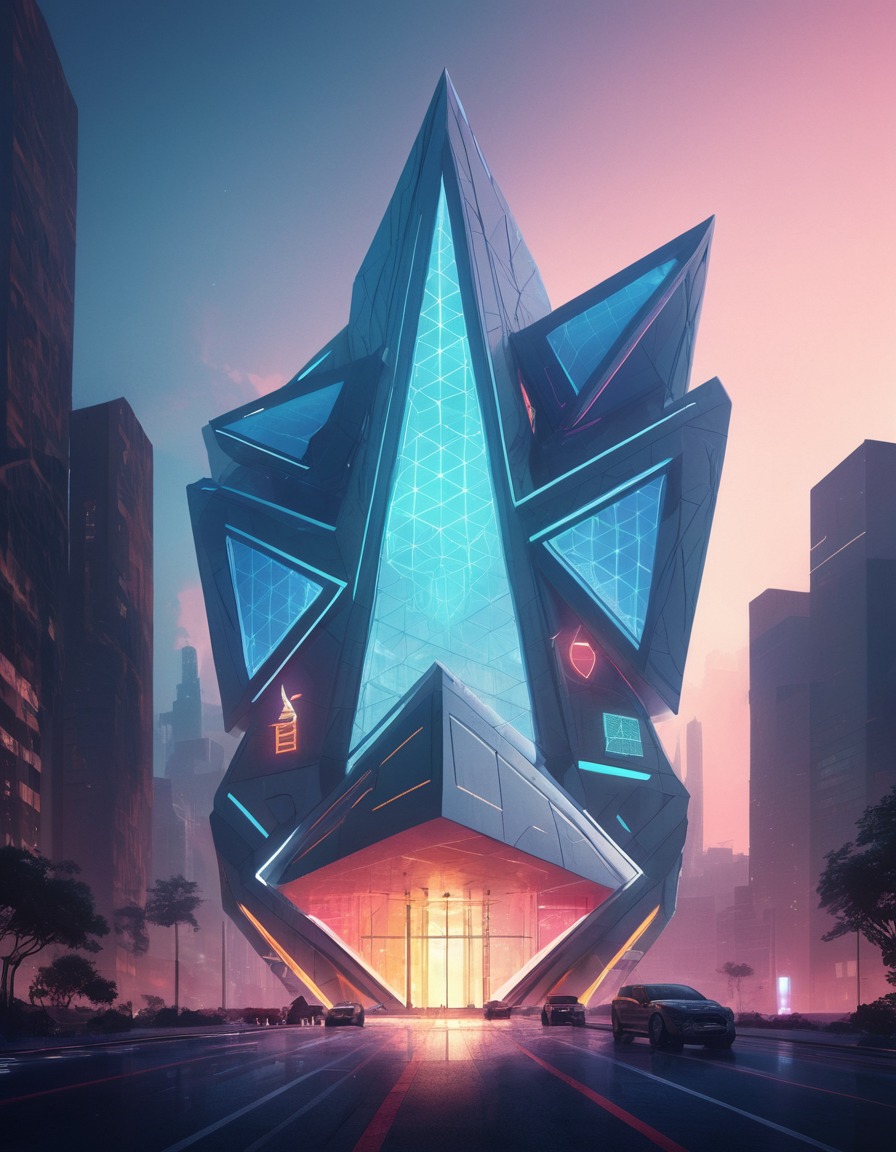 futuristic, geometric, building, light display, futuristic architecture