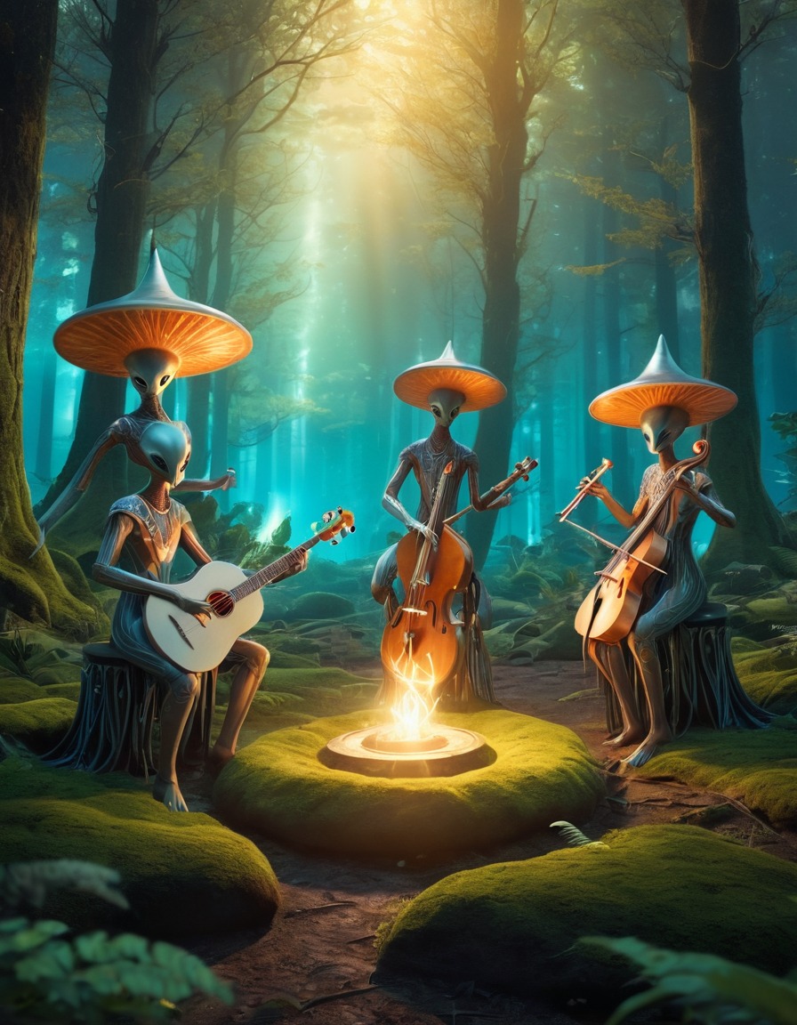 extraterrestrial, musicians, otherworldly, instruments, glowing, forest, clearing., aliens