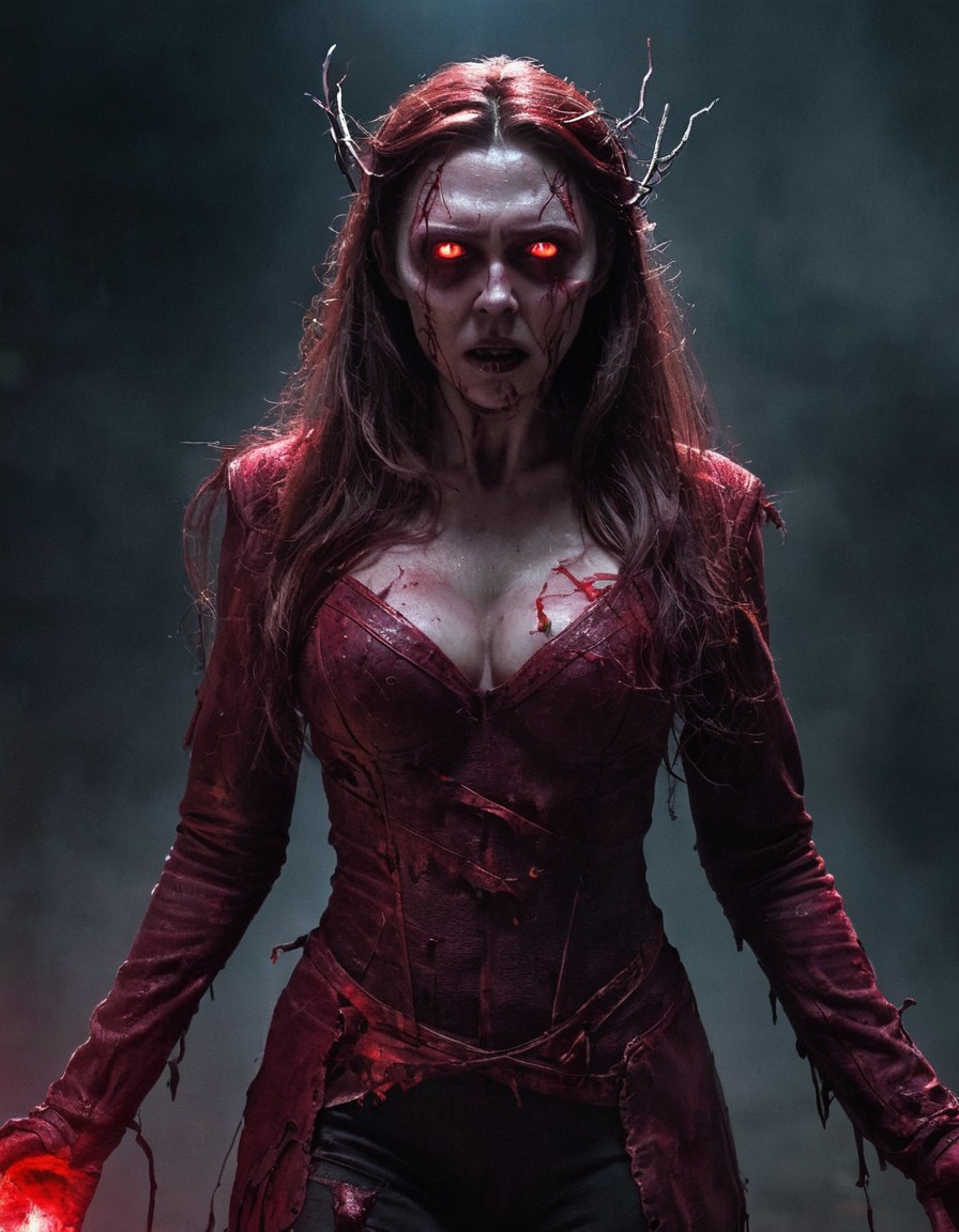 scarlet witch, zombie, glowing eyes, tattered costume, marvel