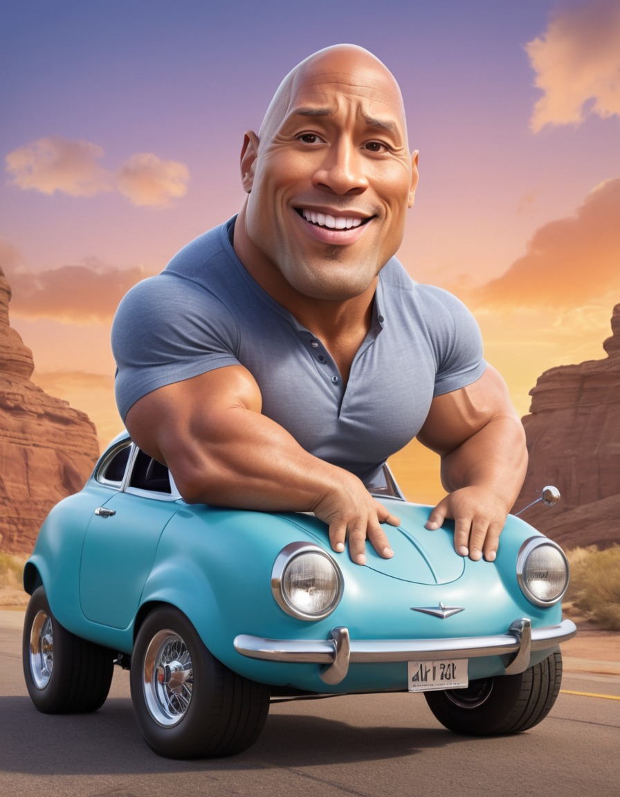 cartoon, caricature, dwayne johnson, chubby, struggle, tiny car, fat