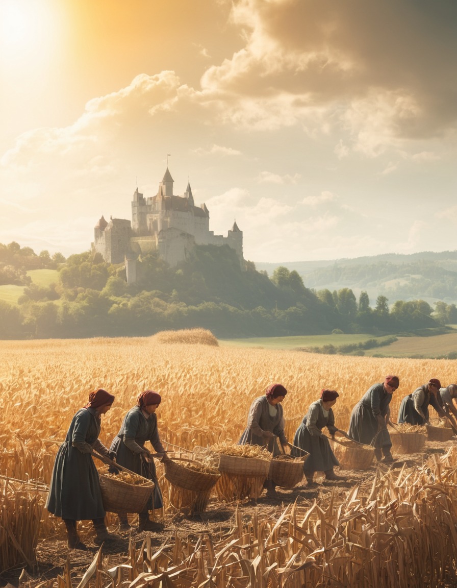 field, peasants, harvesting, castle, rural, middle ages