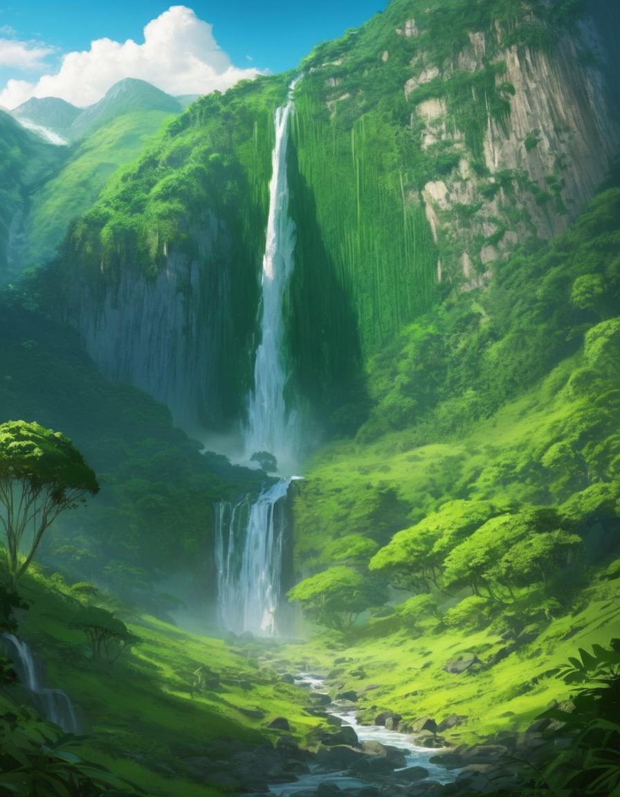 nature, waterfall, mountains, scenic view, lush landscape