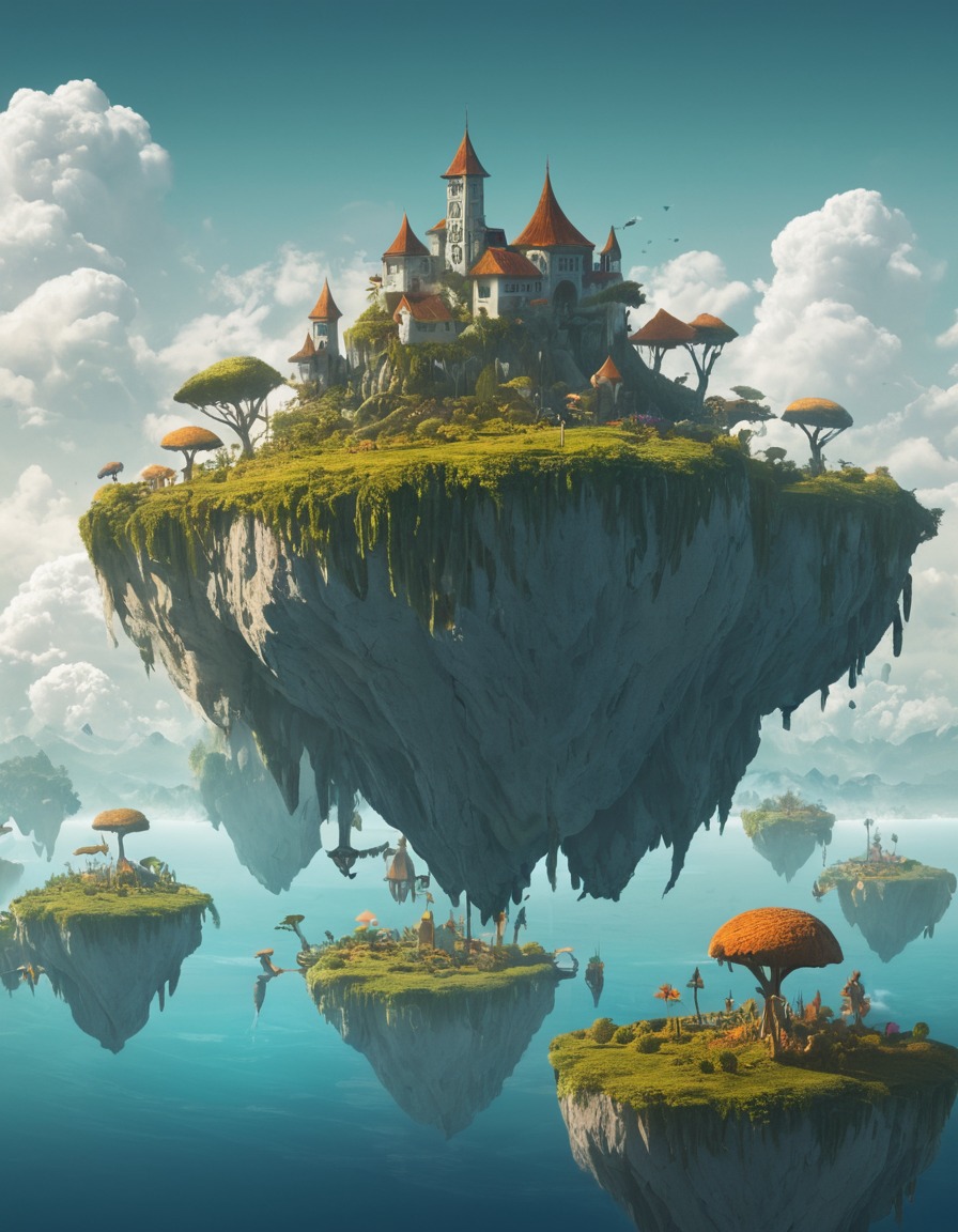 surreal, floating islands, fantasy, different races, landscape, fantastic