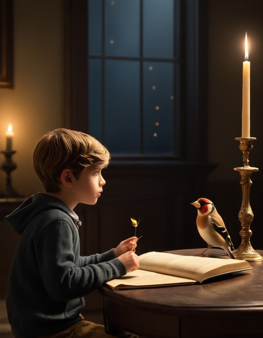 the goldfinch, painting, boy, goldfinch, dark room, books