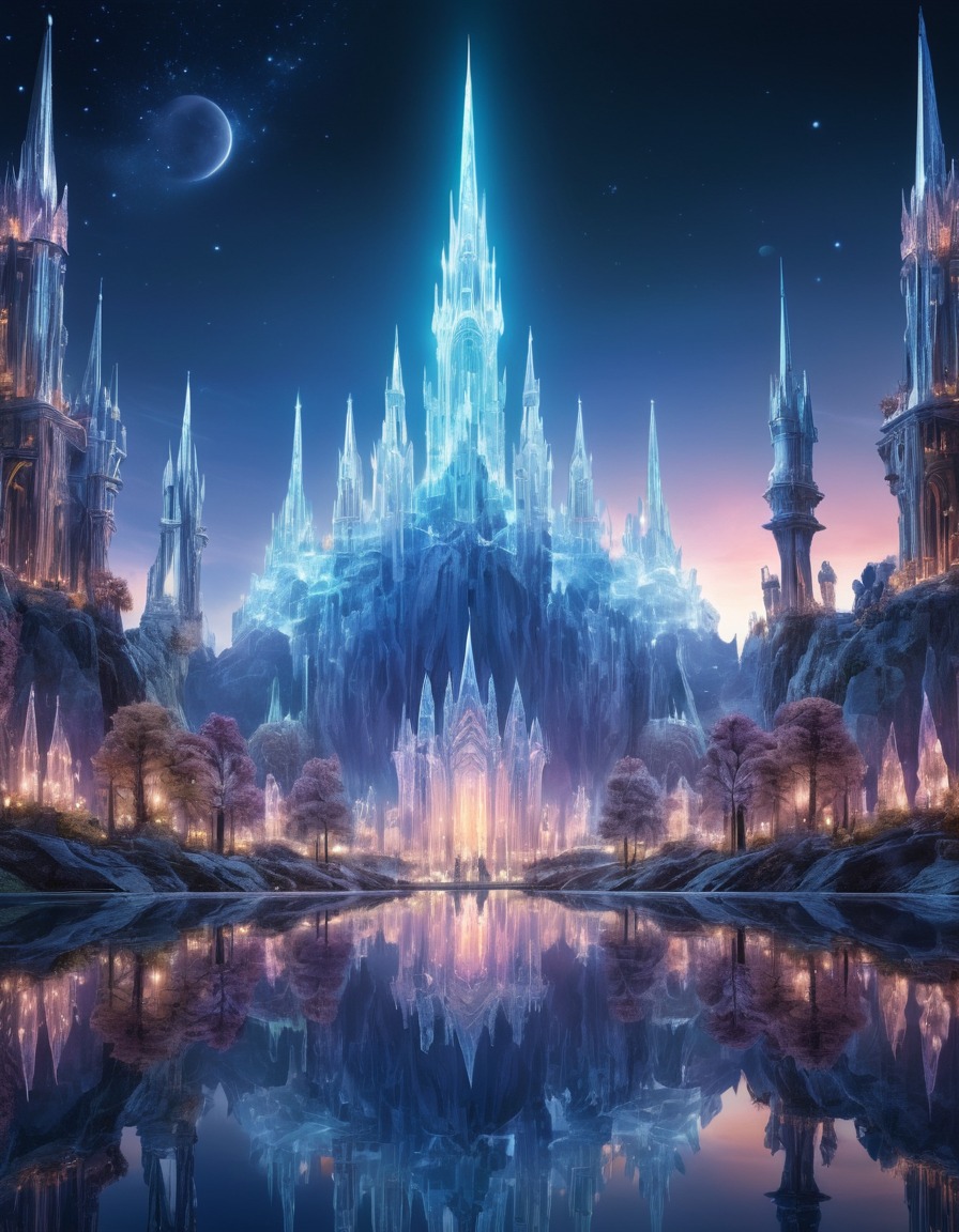 mirrored lake, city, crystal spires, reflection, fantasy, scenic view, serene