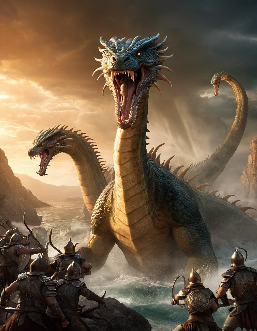 mythical heroes, lernaean hydra, battle, fantasy, epic battle, dramatic scenery