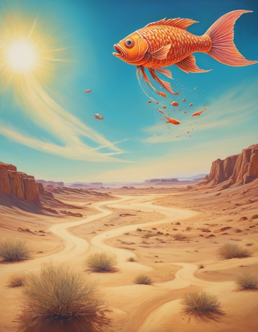 fish, desert landscape, flying, surreal