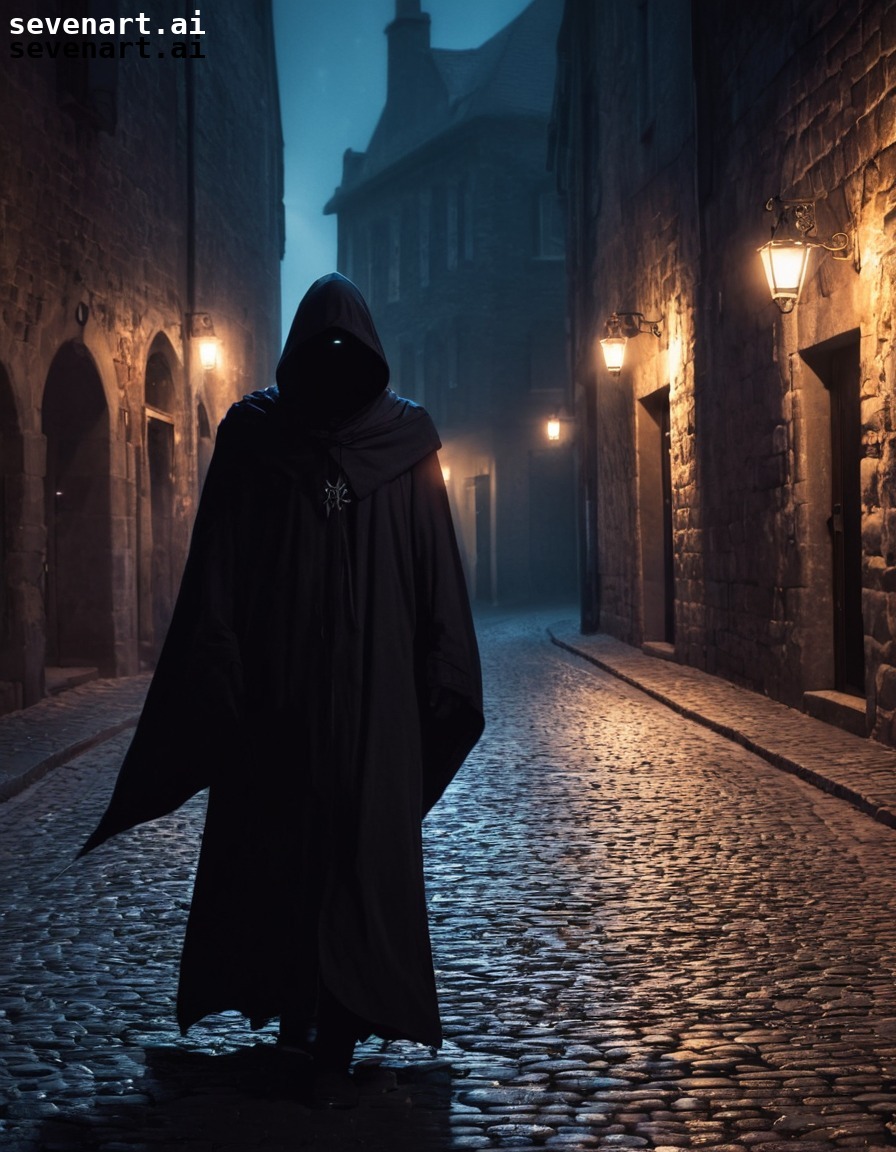 mysterious, figure, shadows, sneaking, night, middle ages