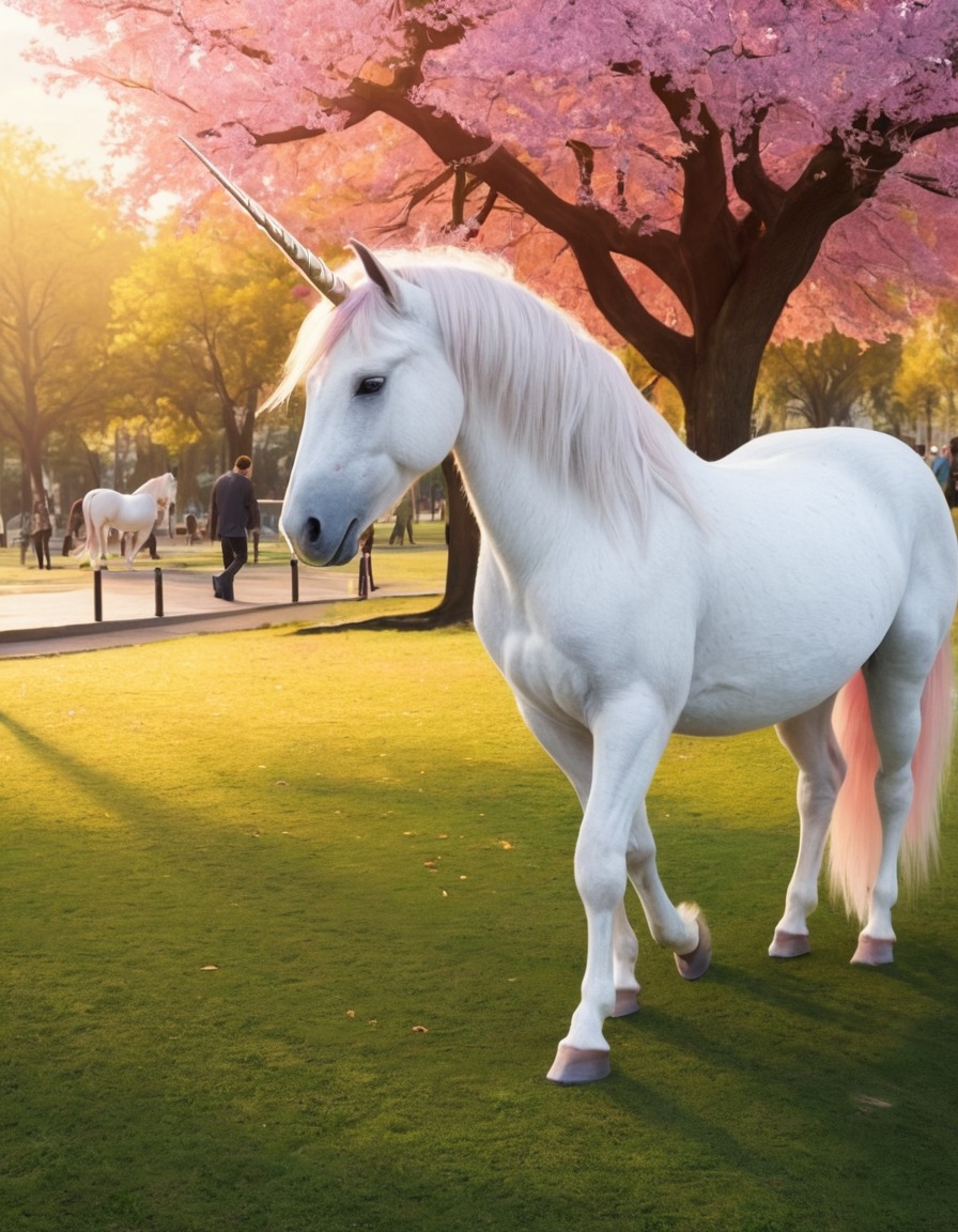 unicorn, city park, grazing, mythical creature, urban wildlife, unusual sighting