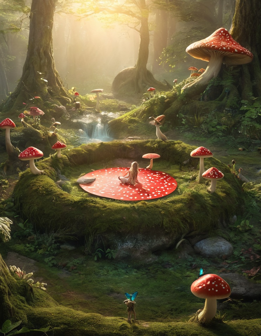 faerie circle, ethereal beings, dance, toadstools, fantasy scene