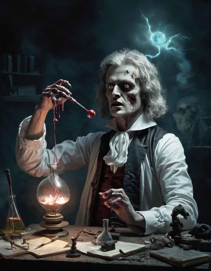 isaac newton, zombie, scientific experiment, fantasy, humor