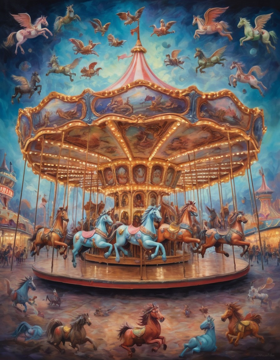 carousel, mythical creatures, fantasy, amusement park, whimsical, surreal