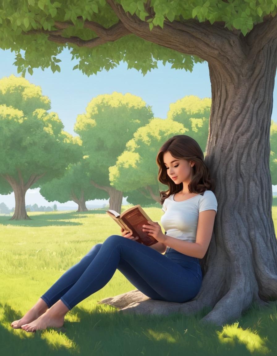 girl, reading, book, tree