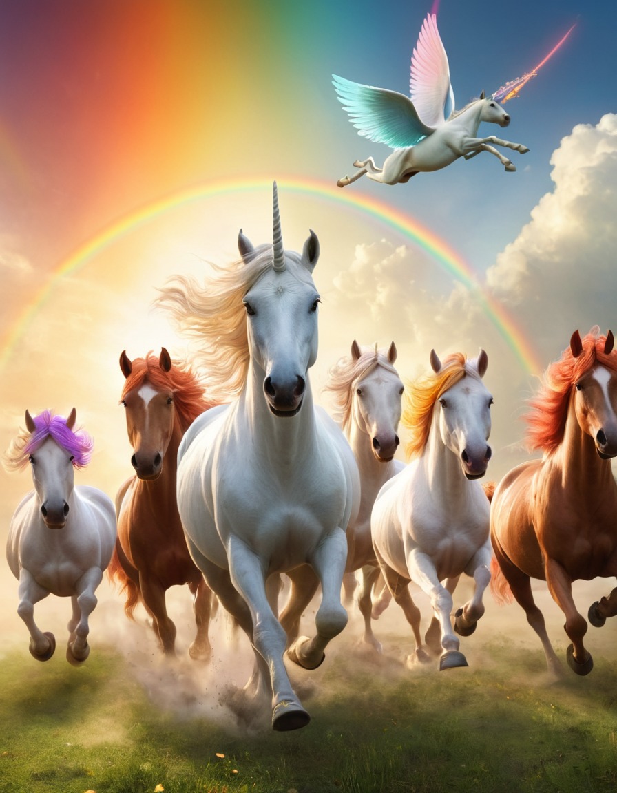 unicorns, rainbow, mythical creatures, colorful, magical, fantasy, imagination