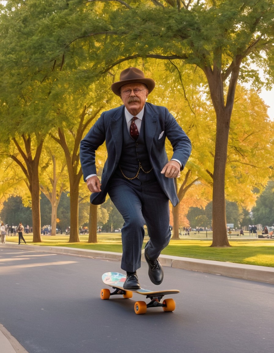 theodore roosevelt, skateboard, city park, historical figure