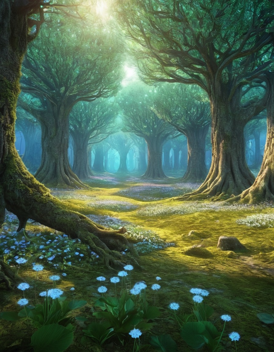 fantasy, magical, enchanted forest, mystical, trees, flowers, imaginative, fantastic