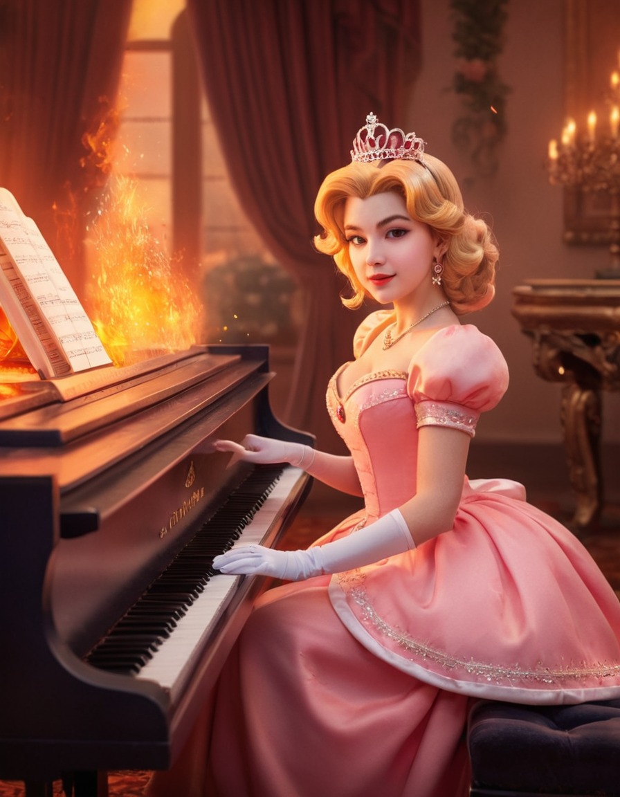 piano, princess peach, royal chamber, music, fire, games, girls from games