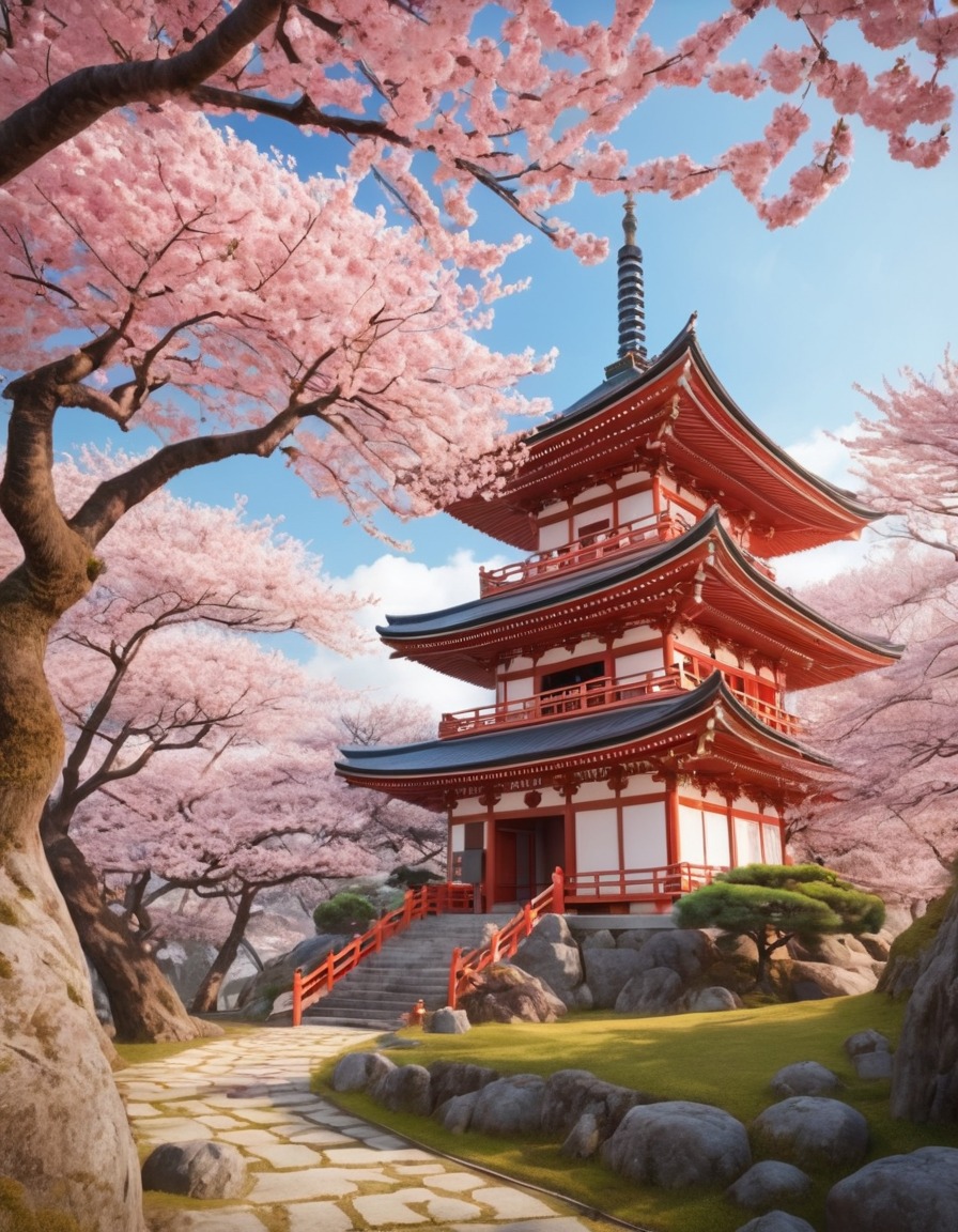 japanese temple, cherry blossom trees, japan, religious architecture