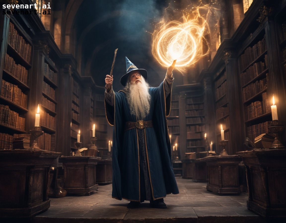 wizard, spellcasting, ancient library, magic, fantasy