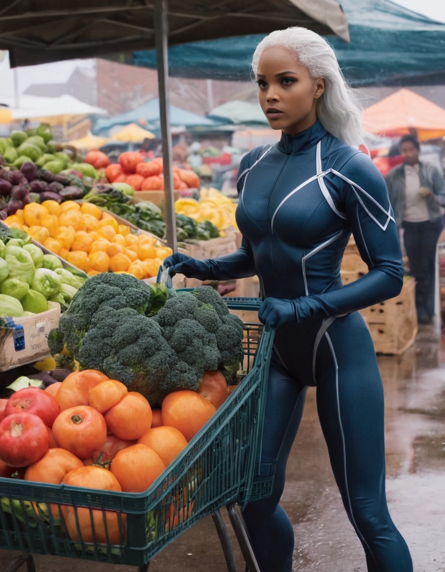 superhero, mutant, grocery shopping, farmers market, fresh produce, superheroine, bikini