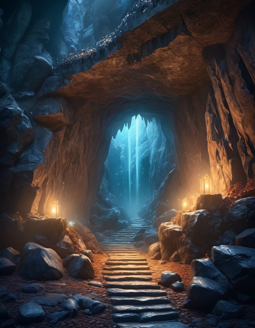 cave entrance, mist, glowing crystals, mystery, fantastic