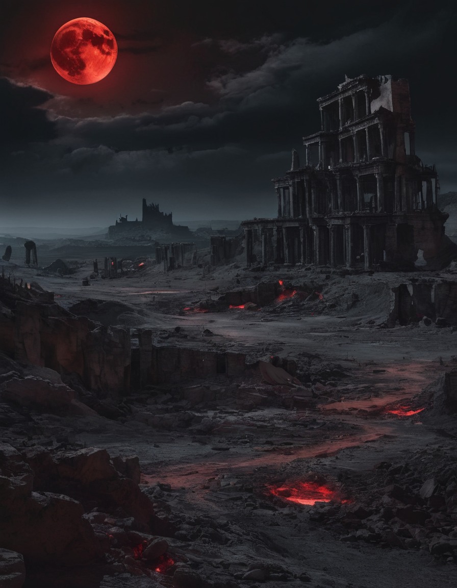 moon, red moon, landscape, ruins, ominous glow, gothic, underground, dark