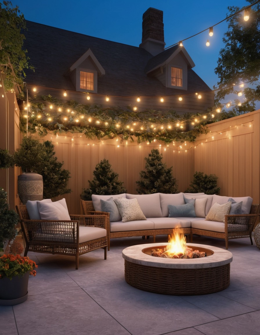 outdoor, patio, wicker furniture, string lights, fire pit, home, interior