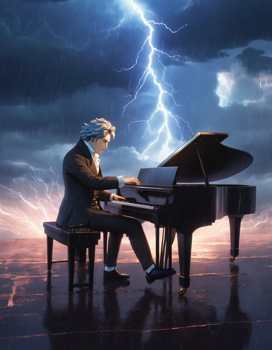 beethoven, piano, thunderstorm, music, classical music, anime