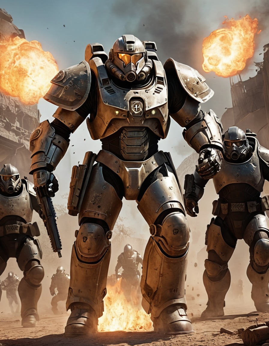 sci-fi, power armor, raiders, firefight, battle, fallout, games, tv shows