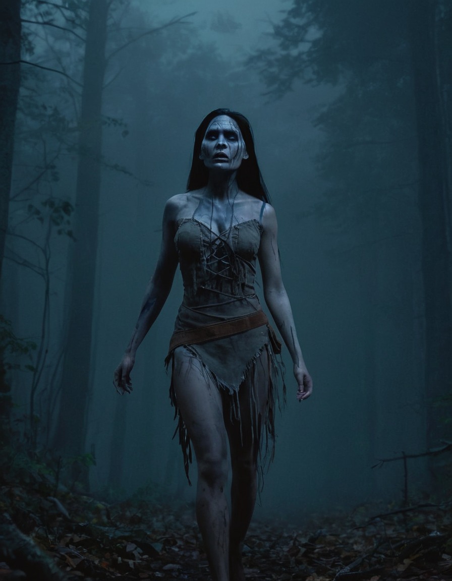 pocahontas, disney, zombie, forest, night, horror