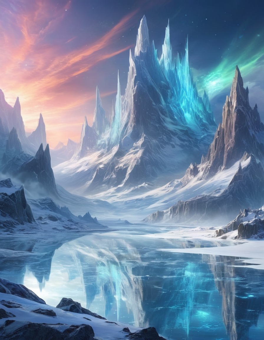 ice dragons, snow elves, shimmering auroras, tundra, fantasy landscape, fantastic