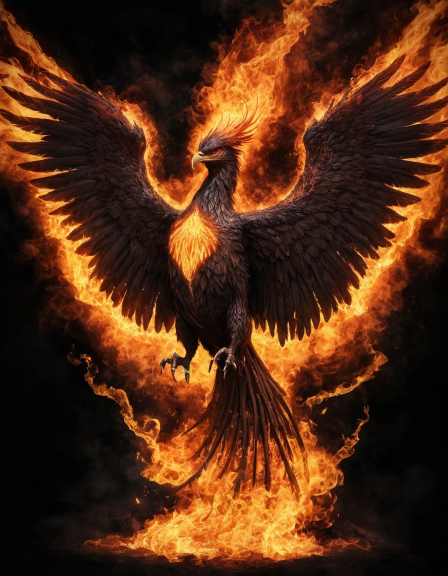 mystical, phoenix, ashes, flames, rebirth, mythical creature