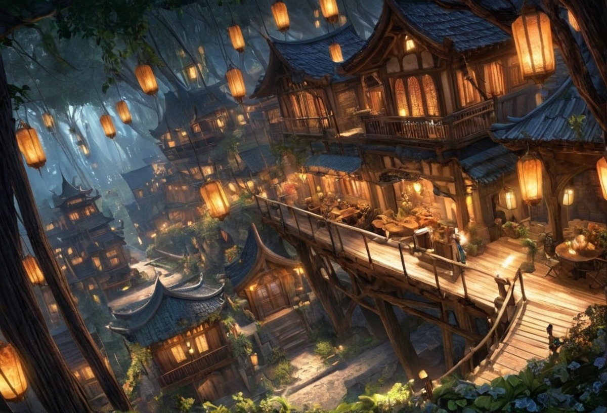 cozy, fantasy, lamps, lanterns, lights, lit, night, treehouse, treehouses, village, wood, wooden