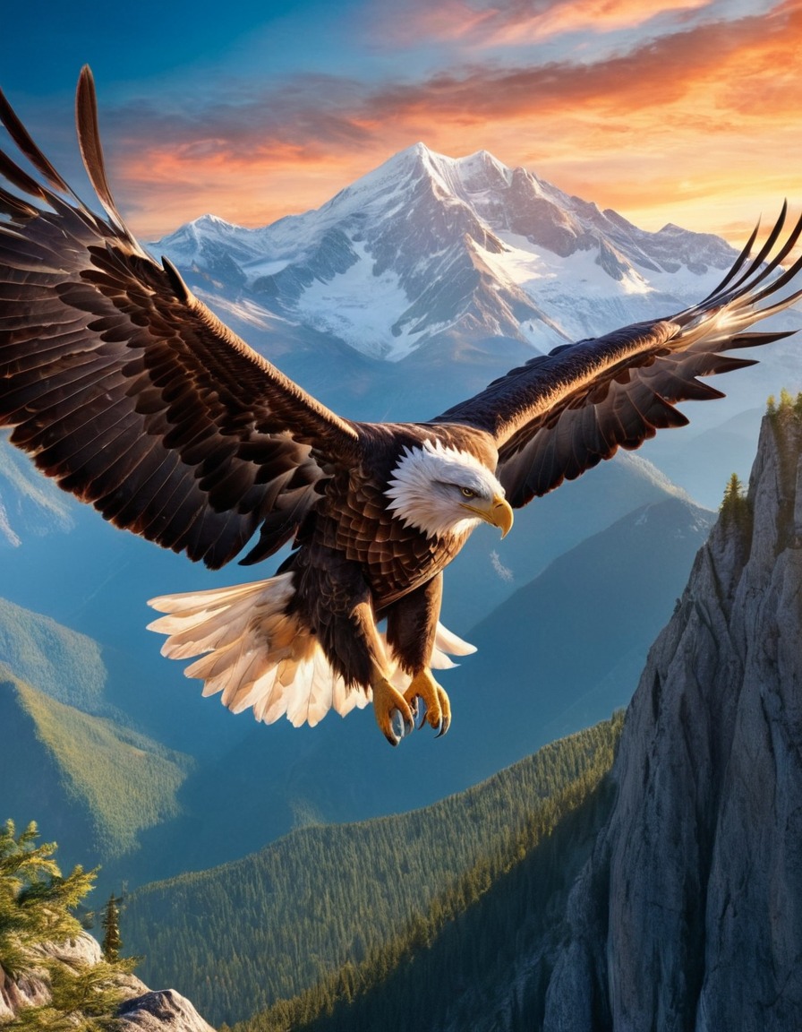 eagle, majestic, soaring, mountain range, wildlife, nature