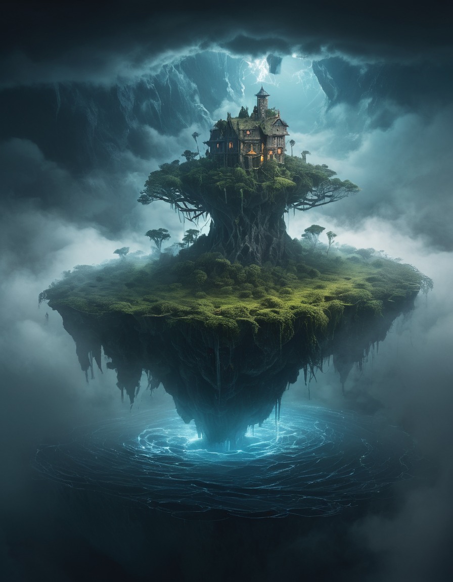 mystical, floating island, swirling mists