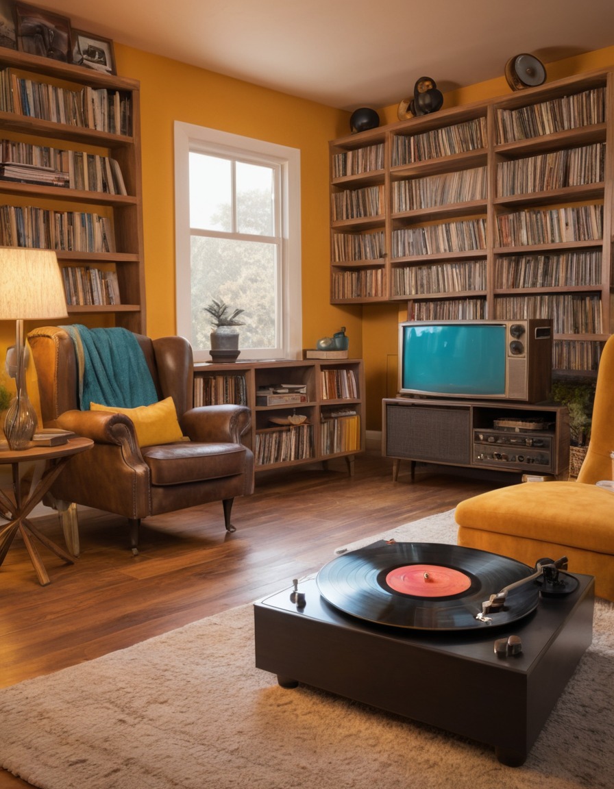 cozy, living room, vintage, vinyl records, record player