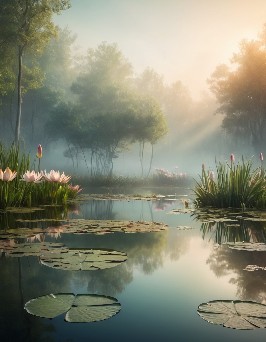 nature, misty, pond, water lilies, reflections