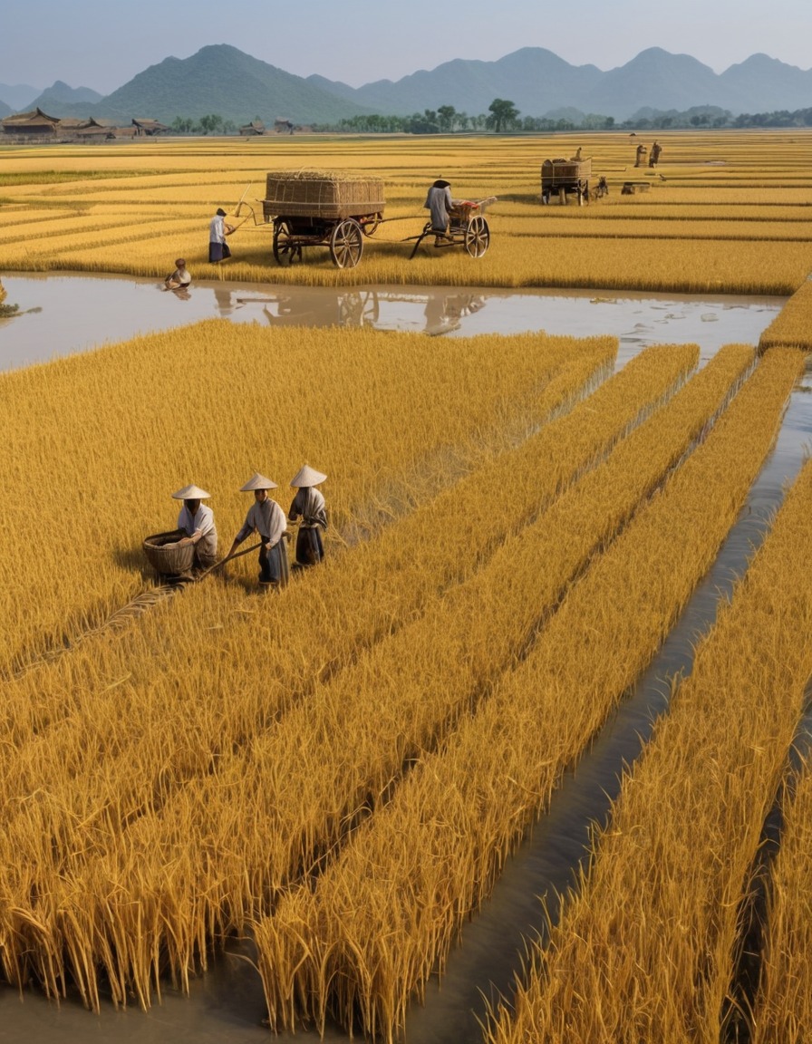 ancient farmers, rice harvesting, flooded fields, ancient china, agriculture, chinese history, 700 ad