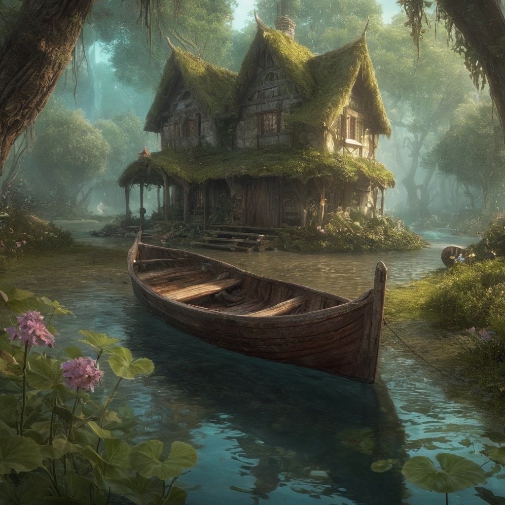 bayou, boat, dreamscape, flowers, house, landscape, lily, moss, scenery, swamp, trees, water