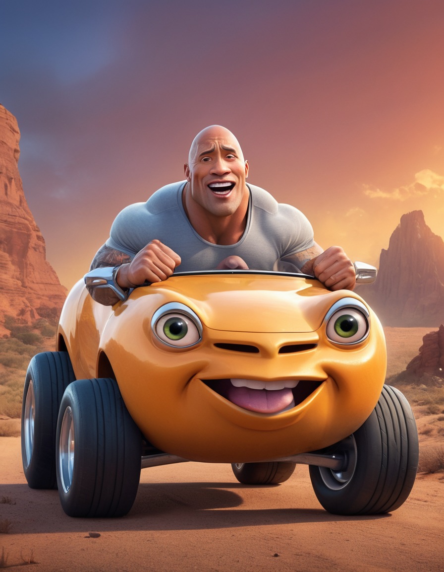 cartoon, dwayne johnson, the rock, muscles, car, humor, struggle, fat