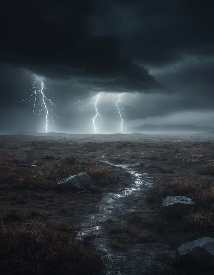 stormy weather, lightning, moor, fog, desolate landscape, gothic, underground, dark