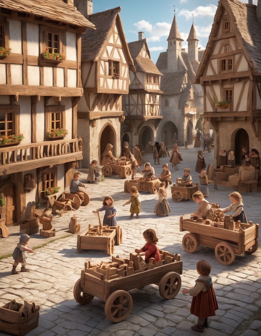 children, wooden toys, village square, medieval europe, 900 ad