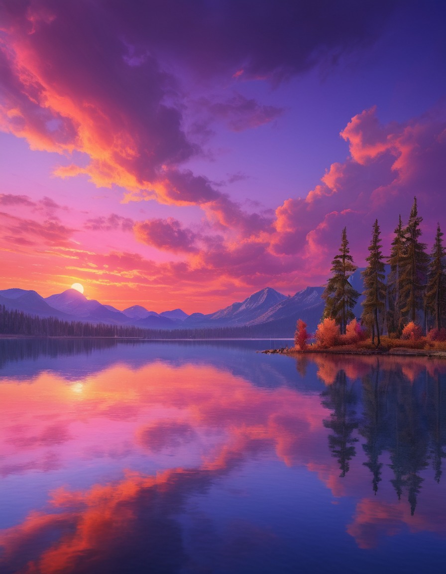 sunset, painting, vibrant, sky, pink, orange, purple, lake, nature