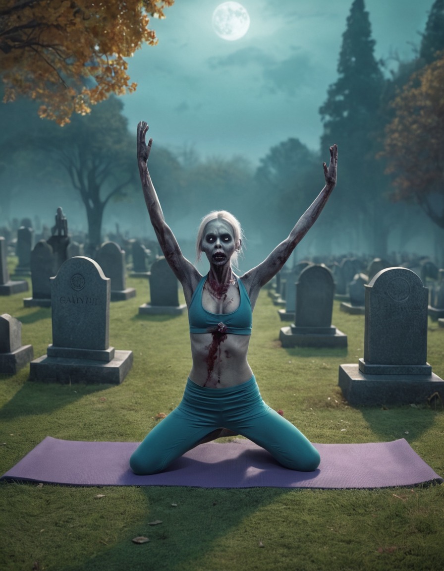 zombie, yoga, graveyard, undead, meditation, mindfulness, incongruity