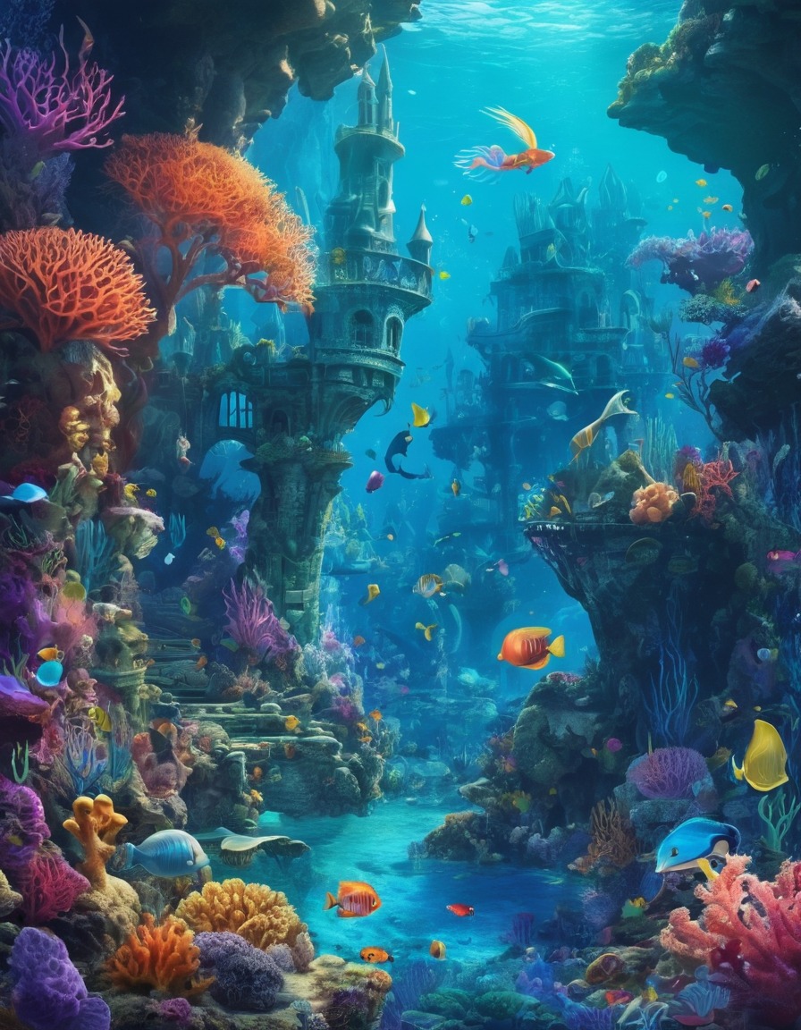 fantasy, underwater, mermaids, seahorses, coral reefs, fantastic